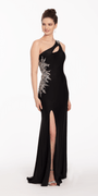 One Shoulder Side Cascade Dress with Rhinestone Detail - Camille La Vie