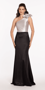 Two Tone Rosette One Shoulder Satin Trumpet Dress - Camille La Vie