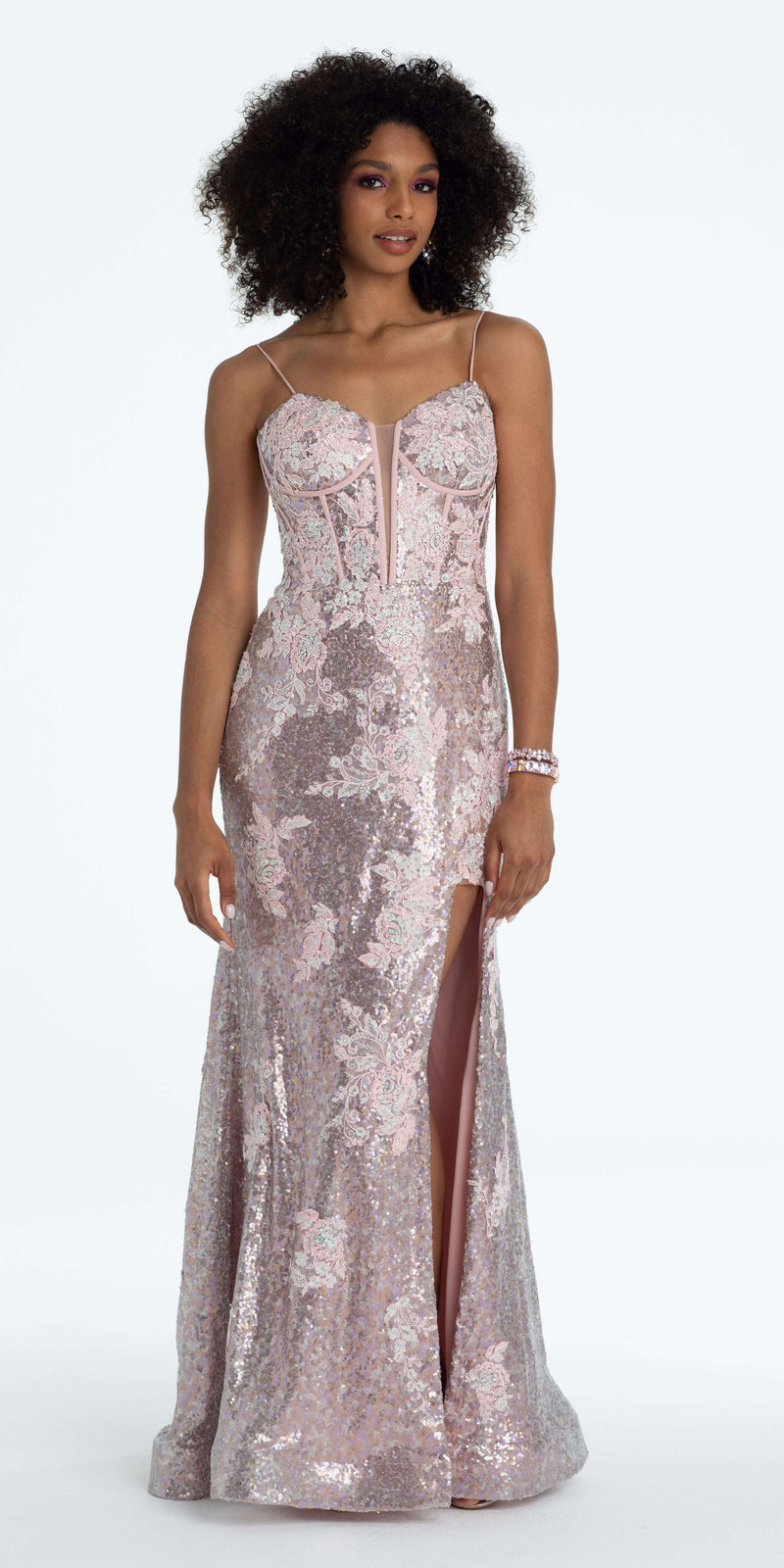 Sweetheart Sequin Applique Corset Column Dress with Sweep Train - Camille La Vie
