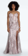 Sweetheart Sequin Applique Corset Column Dress with Sweep Train - Camille La Vie
