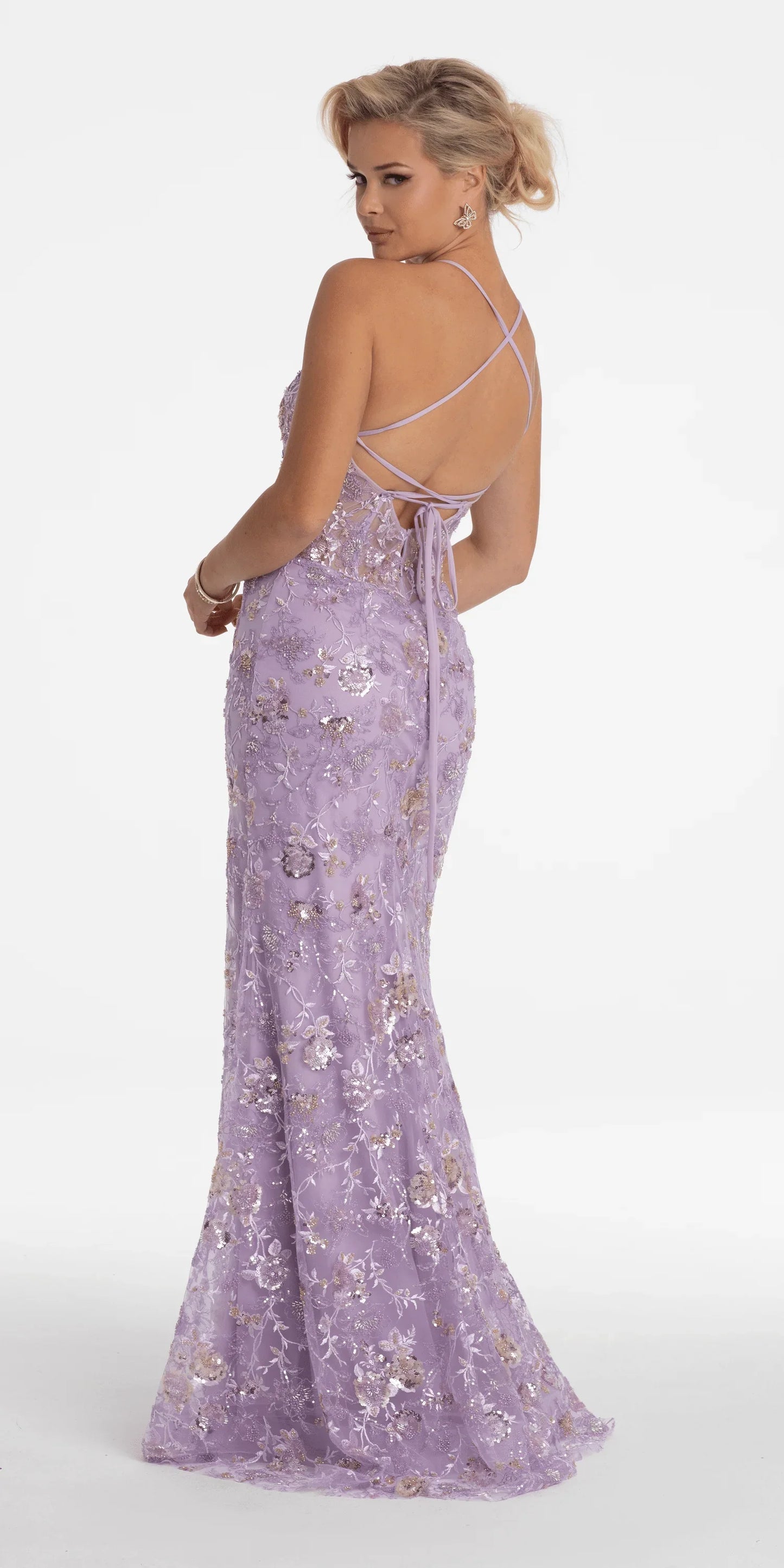 lilac/size/4/missy/Camille La Vie/Floral Embellished Mesh Halter Lace Up Back Trumpet Dress/back alt 1