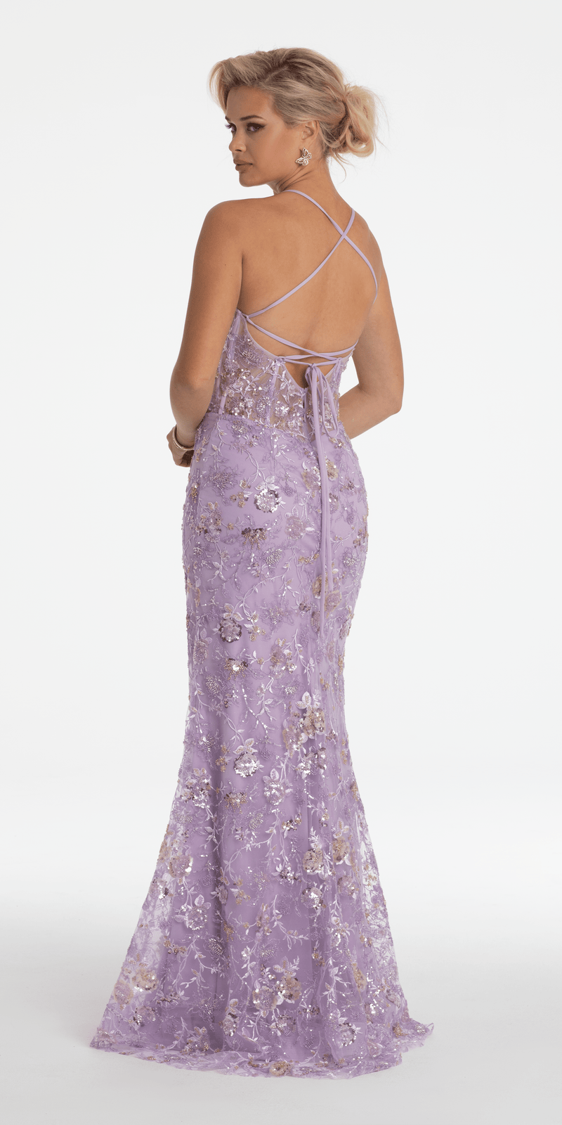 Floral Embellished Mesh Halter Lace Up Back Trumpet Dress - Camille La Vie