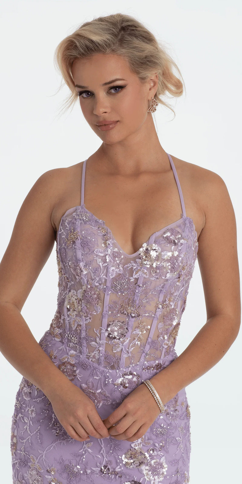 lilac/size/4/missy/Camille La Vie/Floral Embellished Mesh Halter Lace Up Back Trumpet Dress/close up