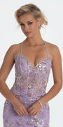 lilac/size/4/missy/Camille La Vie/Floral Embellished Mesh Halter Lace Up Back Trumpet Dress/close up