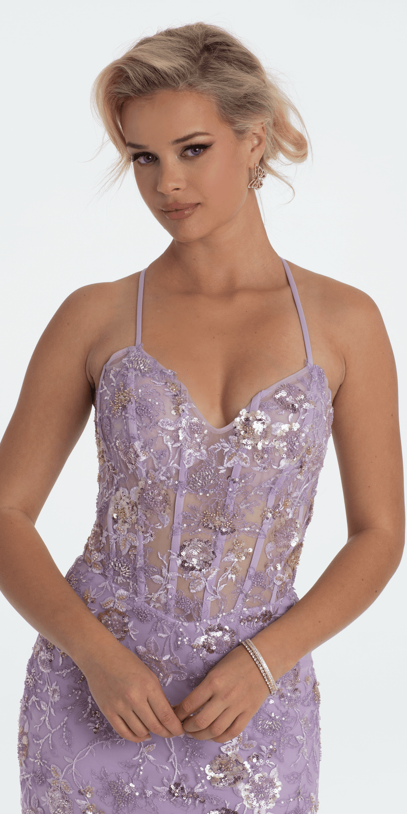 Floral Embellished Mesh Halter Lace Up Back Trumpet Dress - Camille La Vie