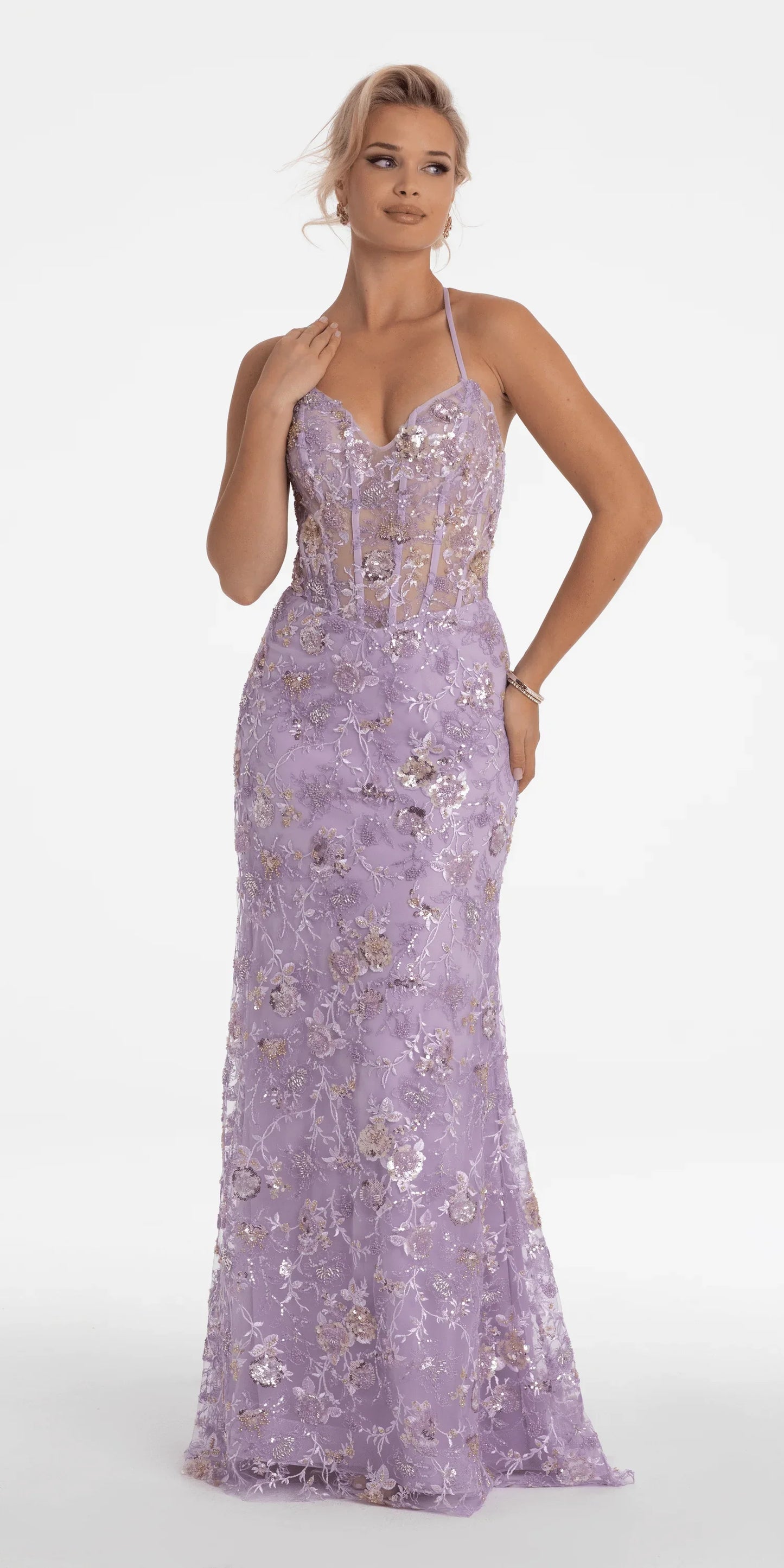 lilac/size/4/missy/Camille La Vie/Floral Embellished Mesh Halter Lace Up Back Trumpet Dress/front alt