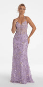 lilac/size/4/missy/Camille La Vie/Floral Embellished Mesh Halter Lace Up Back Trumpet Dress/front alt