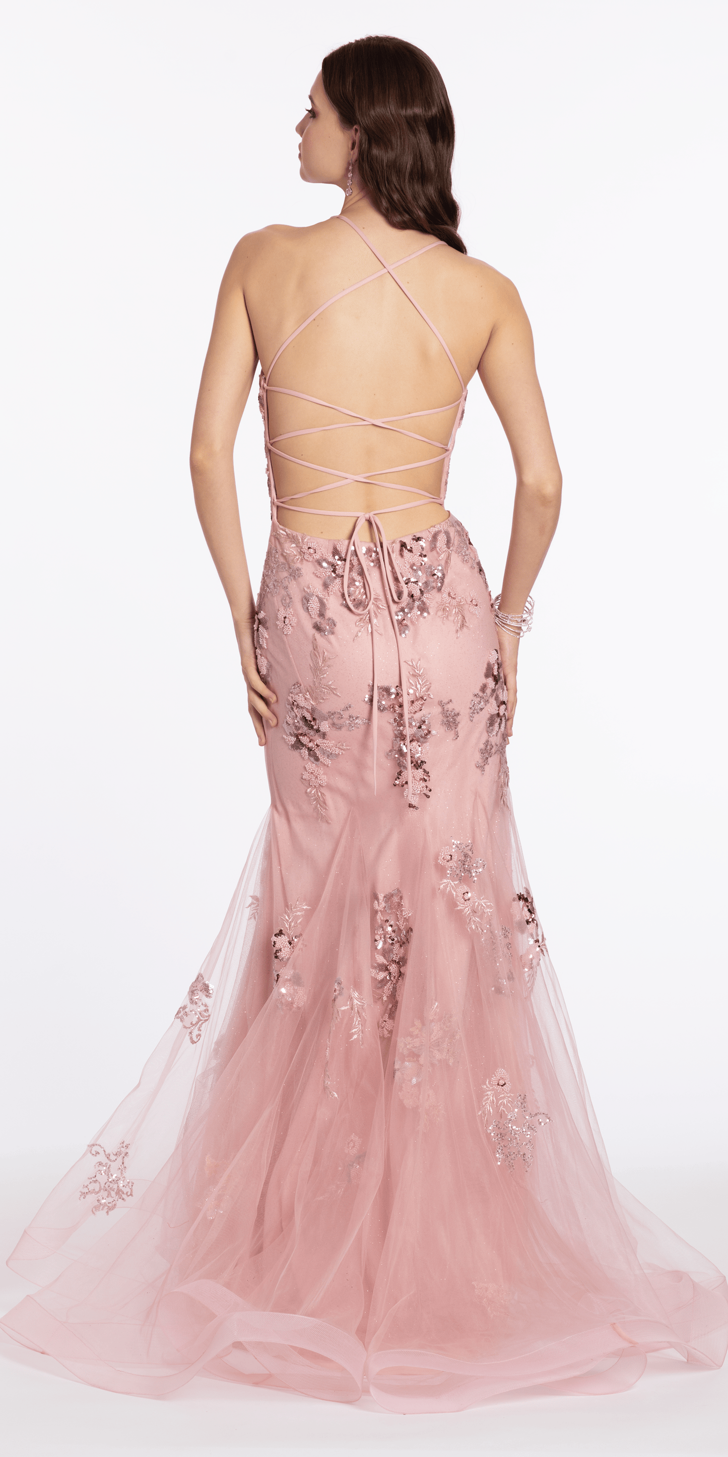 Strappy Back Sweetheart Floral Mesh Trumpet Dress with Godets - Camille La Vie
