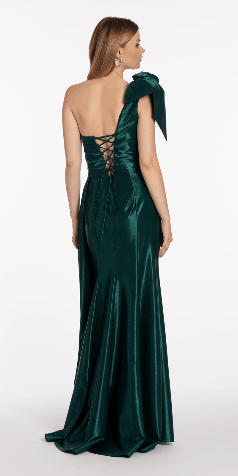 Metallic One Shoulder Pleated Lace Up Back Trumpet Dress with Side Cascade - Camille La Vie