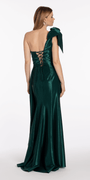 Metallic One Shoulder Pleated Lace Up Back Trumpet Dress with Side Cascade - Camille La Vie