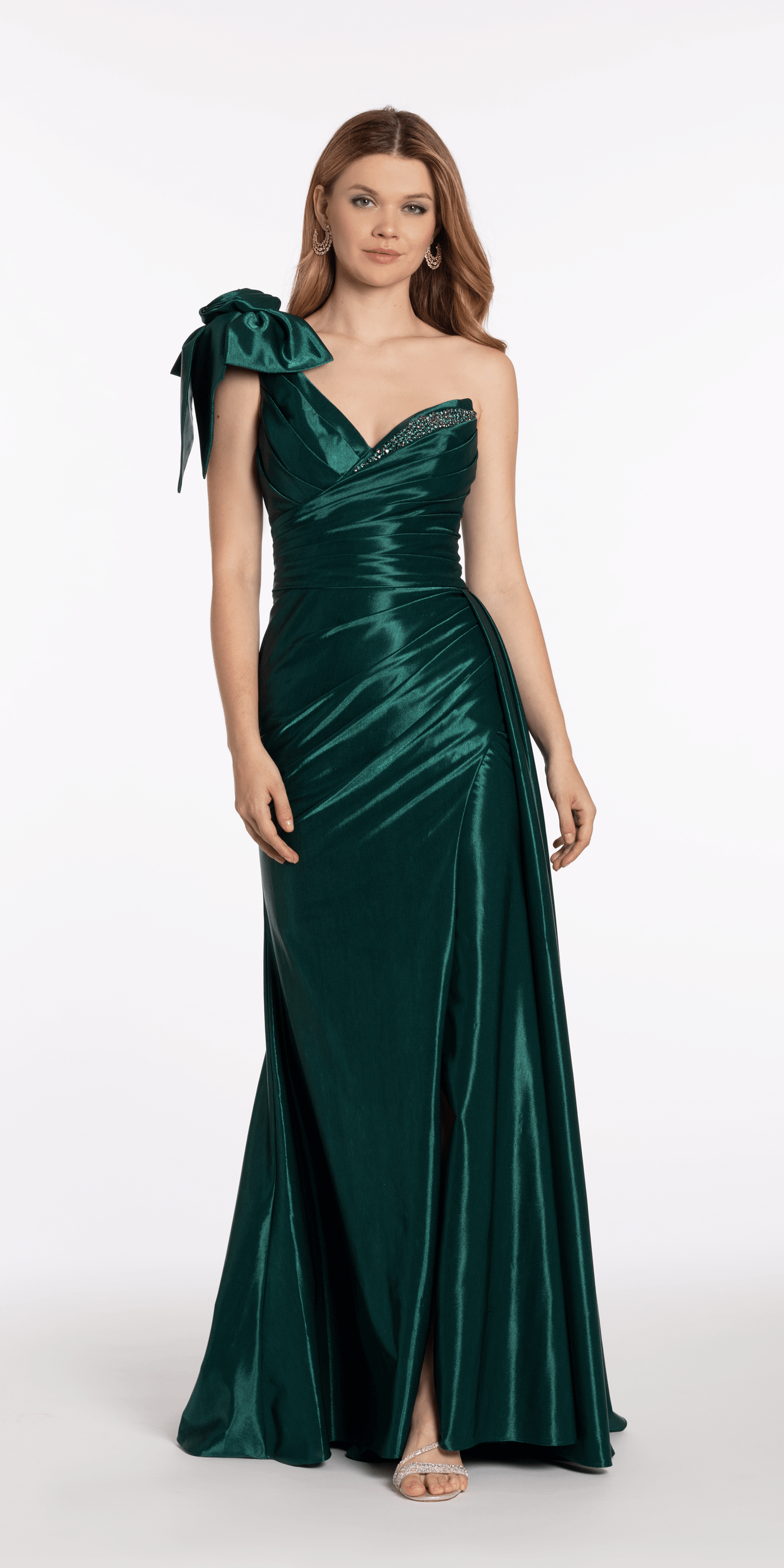 Metallic One Shoulder Pleated Lace Up Back Trumpet Dress with Side Cascade - Camille La Vie