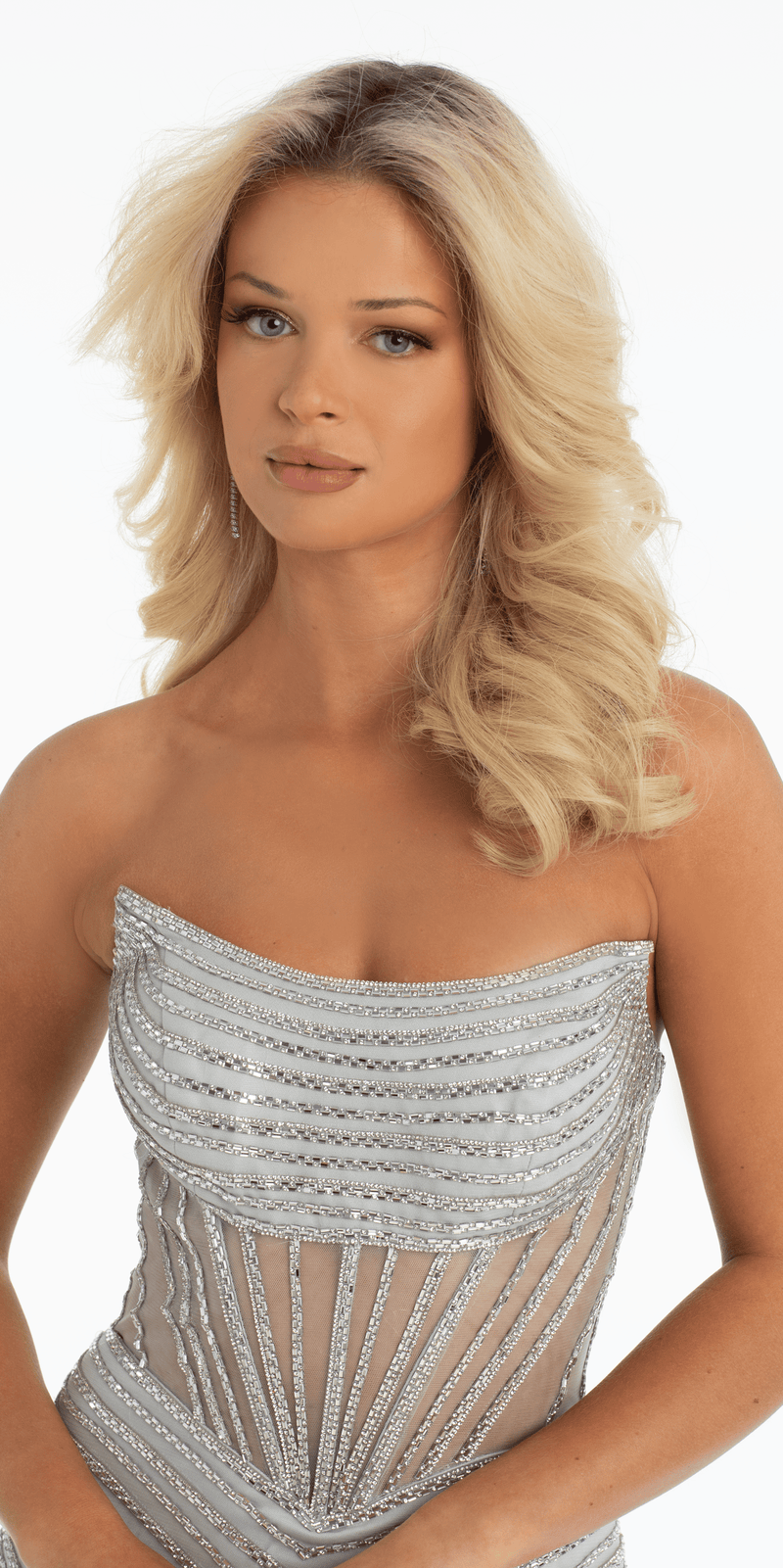 Strapless Rhinestone Mesh Corset Column Dress - Camille La Vie