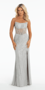 Strapless Rhinestone Mesh Corset Column Dress - Camille La Vie