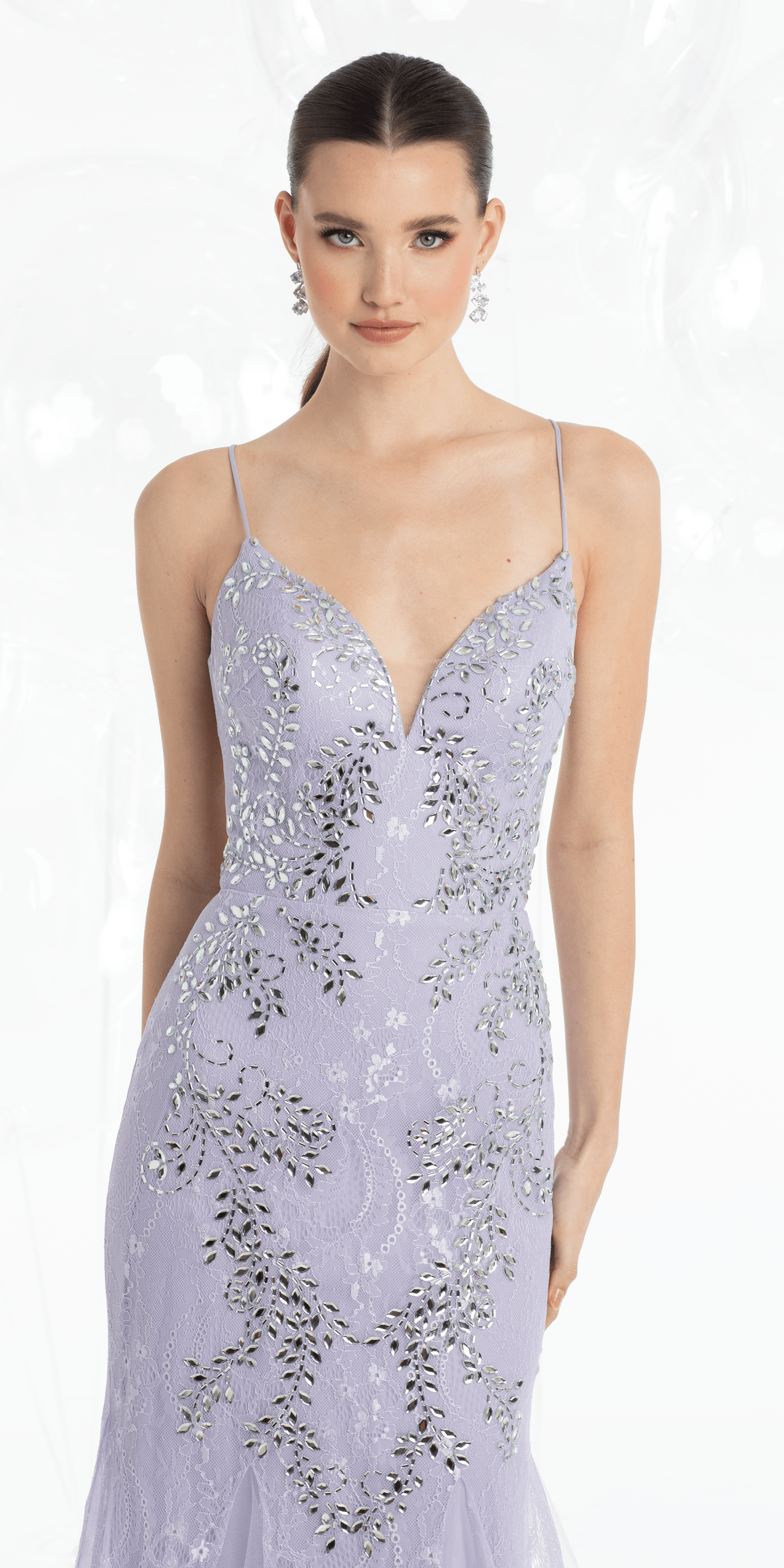 Strappy Back Crystal Beaded Lace Plunge Mermaid Dress with Godets - Camille La Vie