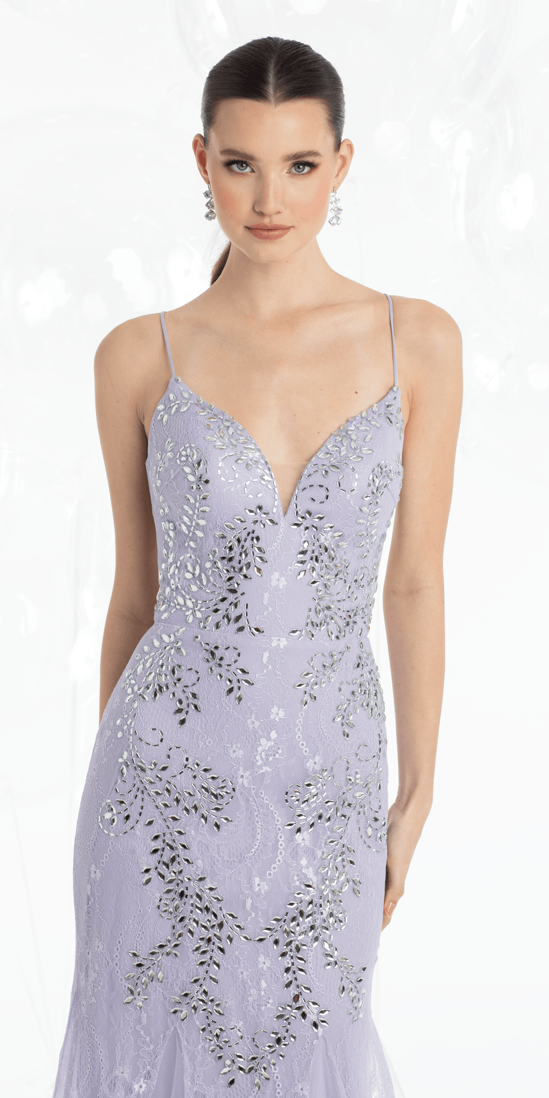 Strappy Back Crystal Beaded Lace Plunge Mermaid Dress with Godets - Camille La Vie