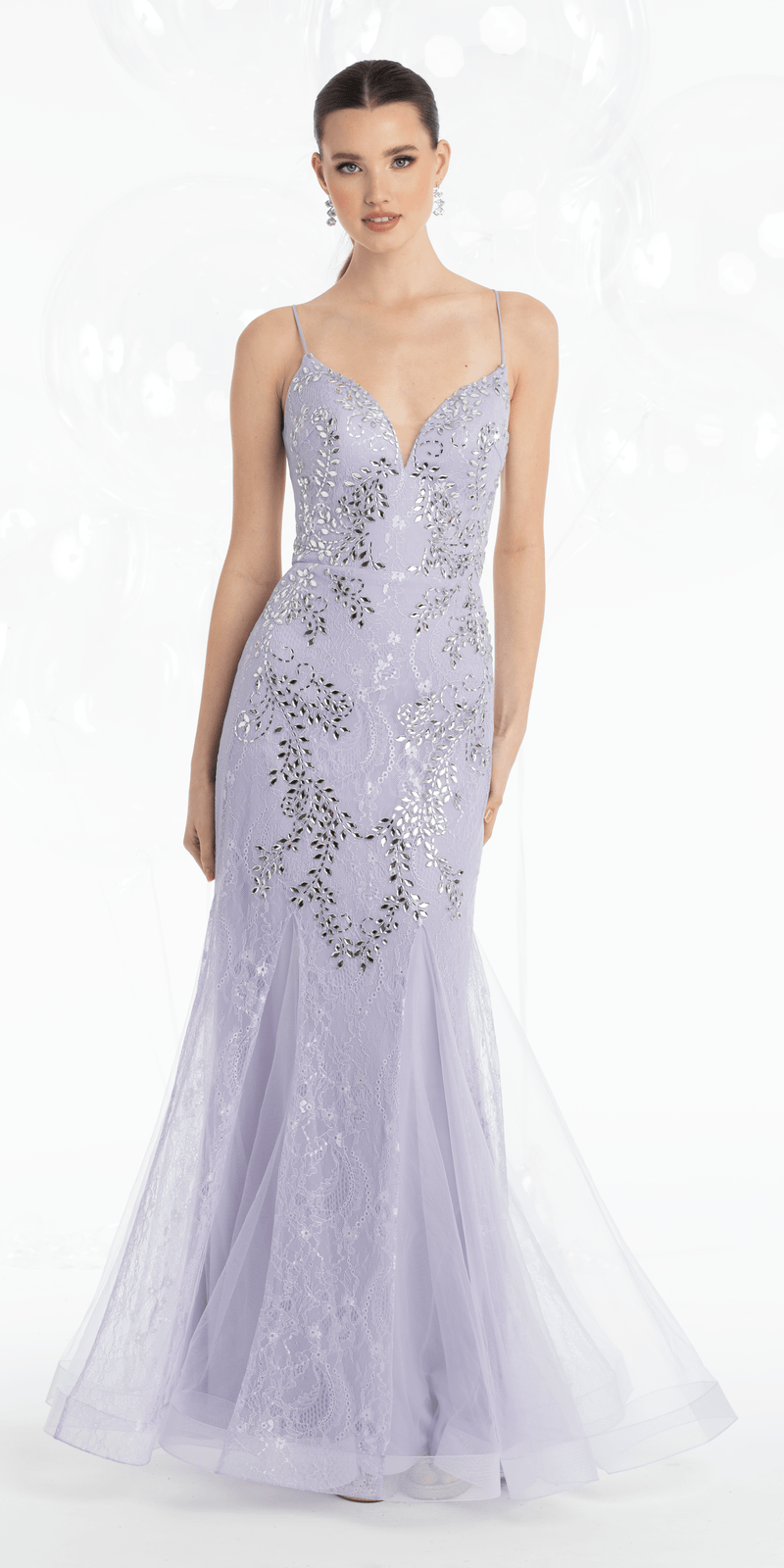 Strappy Back Crystal Beaded Lace Plunge Mermaid Dress with Godets - Camille La Vie