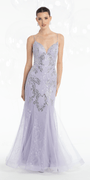 Strappy Back Crystal Beaded Lace Plunge Mermaid Dress with Godets - Camille La Vie