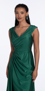 Spandex V Neck Cap Sleeve Column Dress with Side Cascade - Camille La Vie