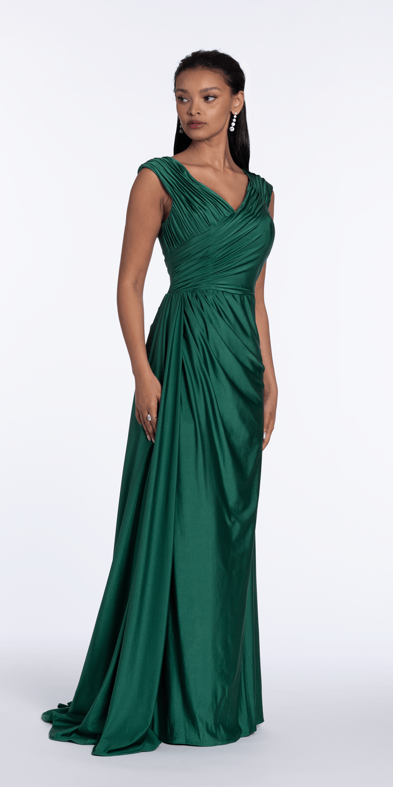 Spandex V Neck Cap Sleeve Column Dress with Side Cascade - Camille La Vie