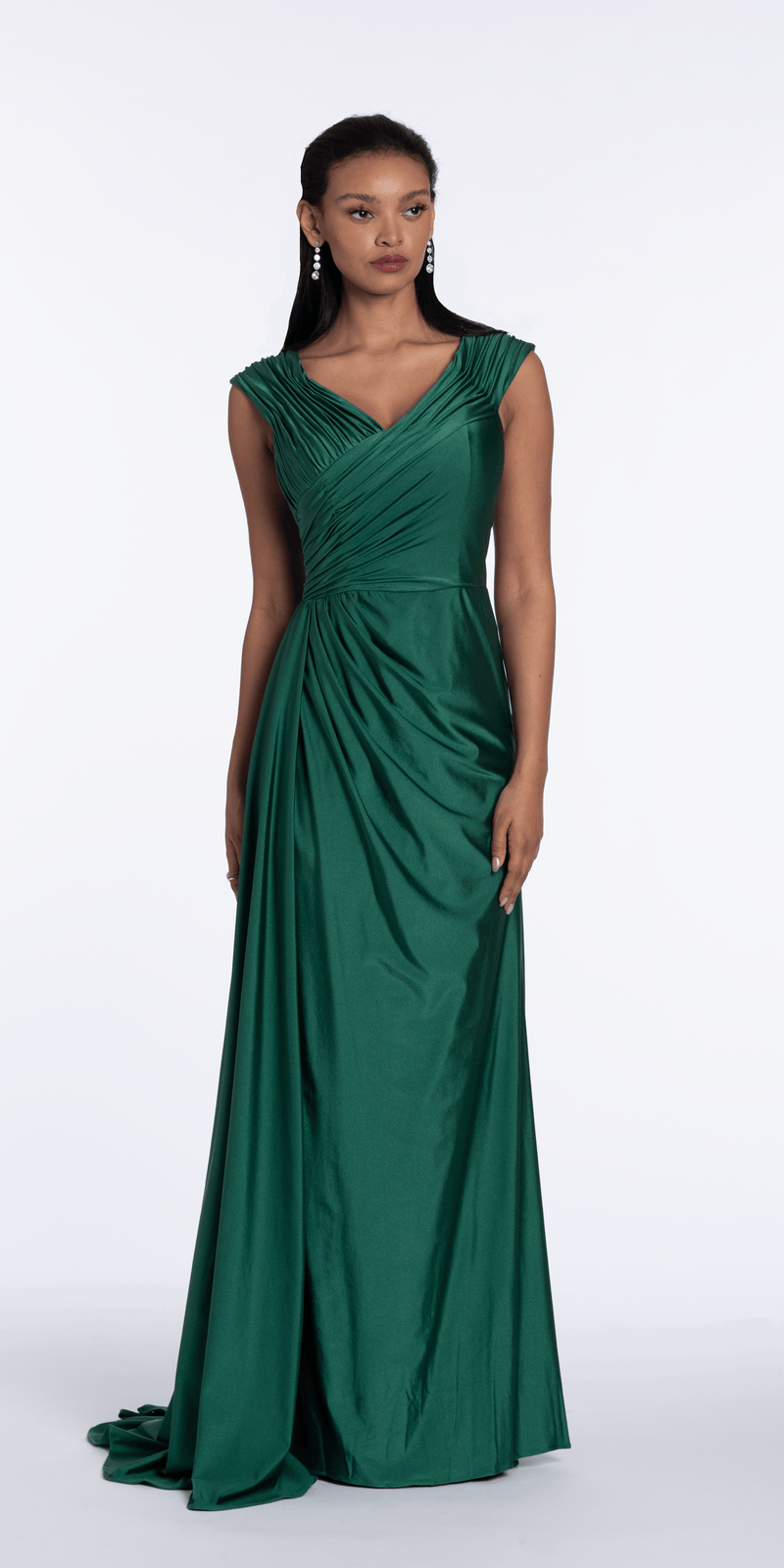 Spandex V Neck Cap Sleeve Column Dress with Side Cascade - Camille La Vie