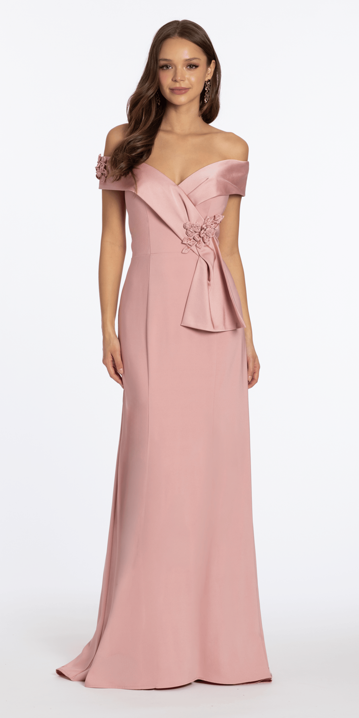 dusty-rose/size/4/missy/Camille La Vie/Crepe Off the Shoulder Trumpet Dress with Rosettes/front