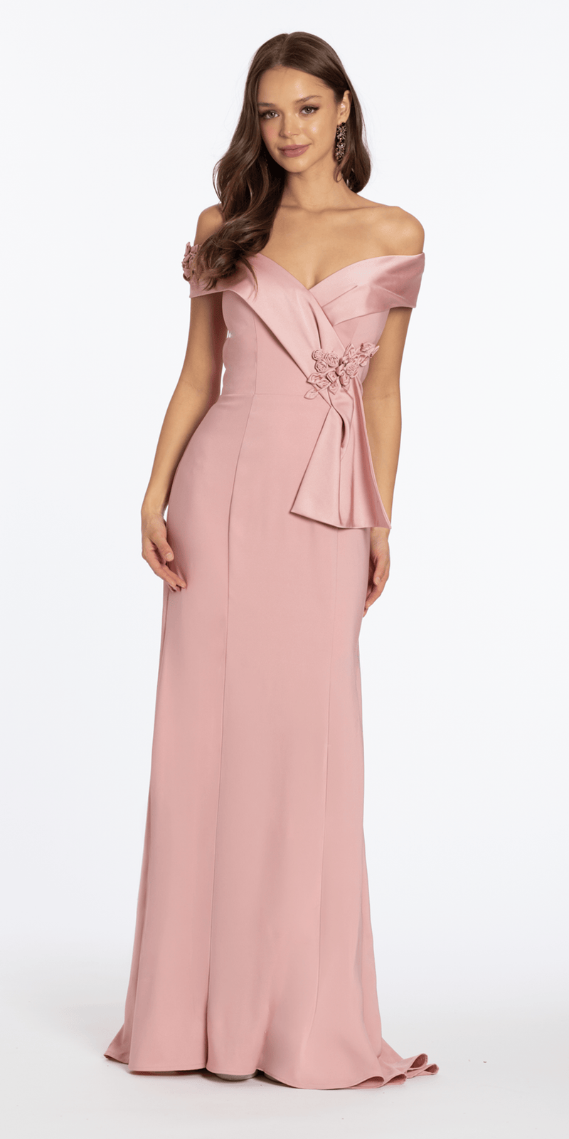 dusty-rose/size/4/missy/Camille La Vie/Crepe Off the Shoulder Trumpet Dress with Rosettes/front alt