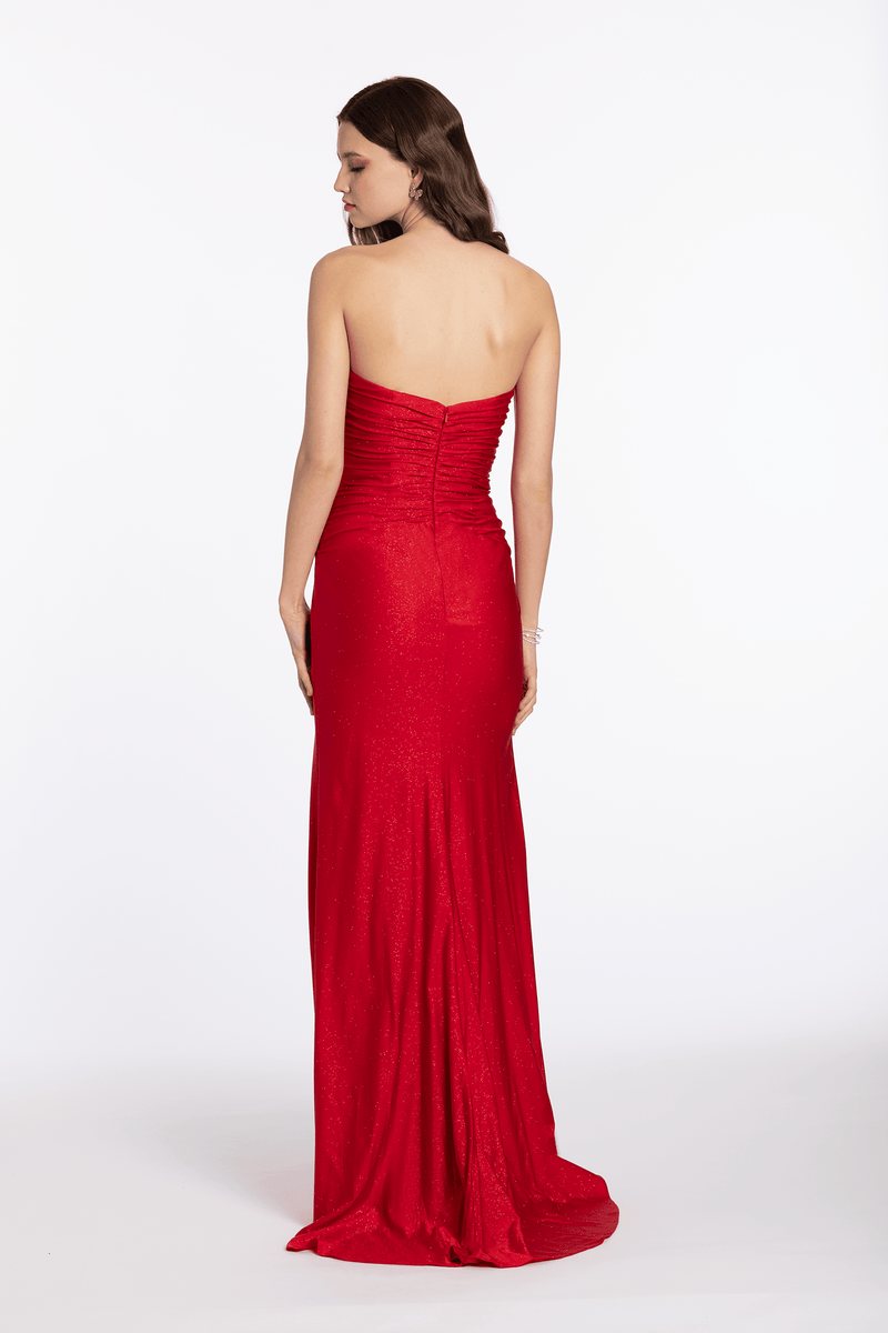 Glitter Knit Strapless Triple Bow Peek-a-Boo Column Dress - Camille La Vie