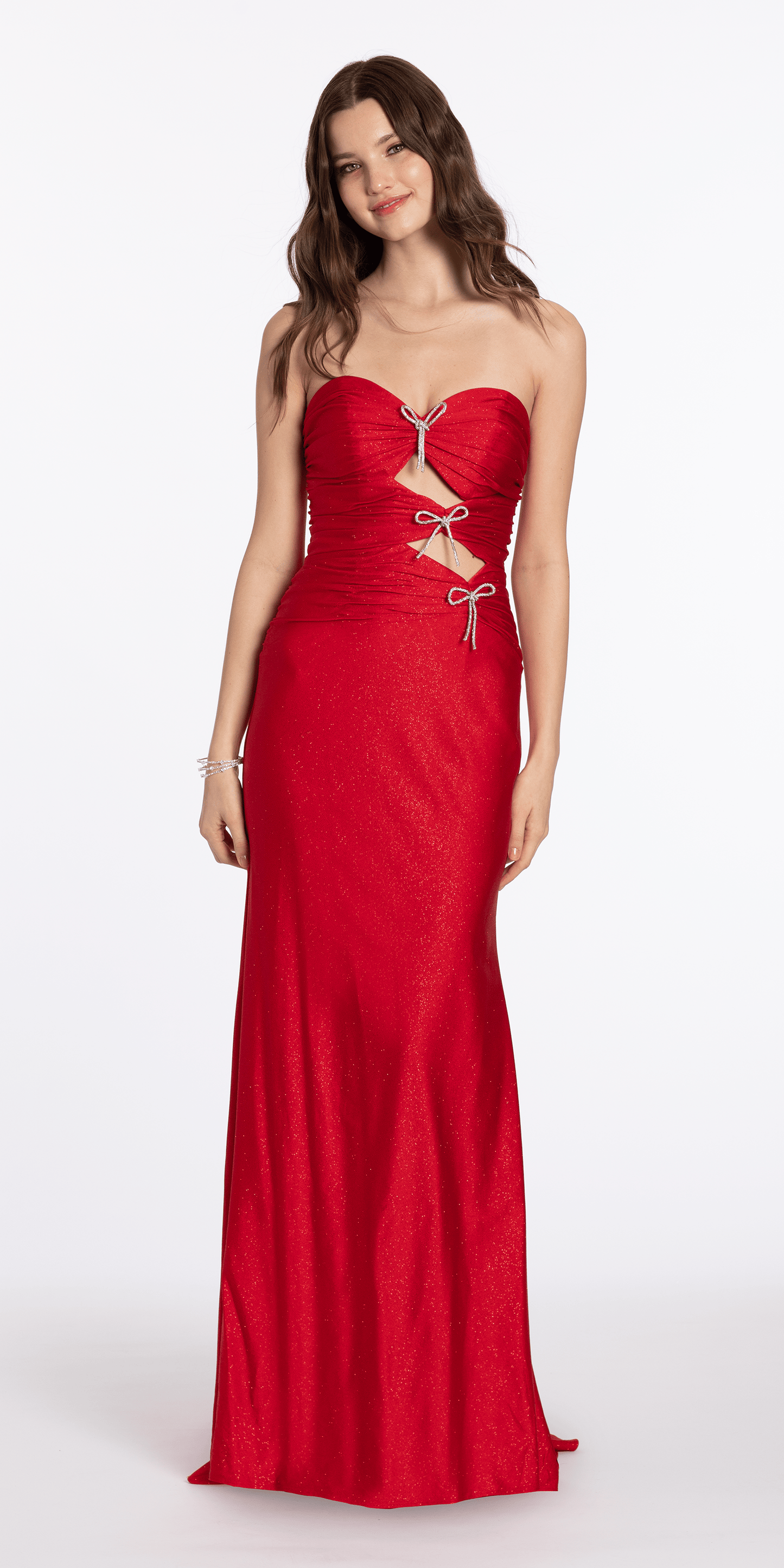 Glitter Knit Strapless Triple Bow Peek-a-Boo Column Dress - Camille La Vie