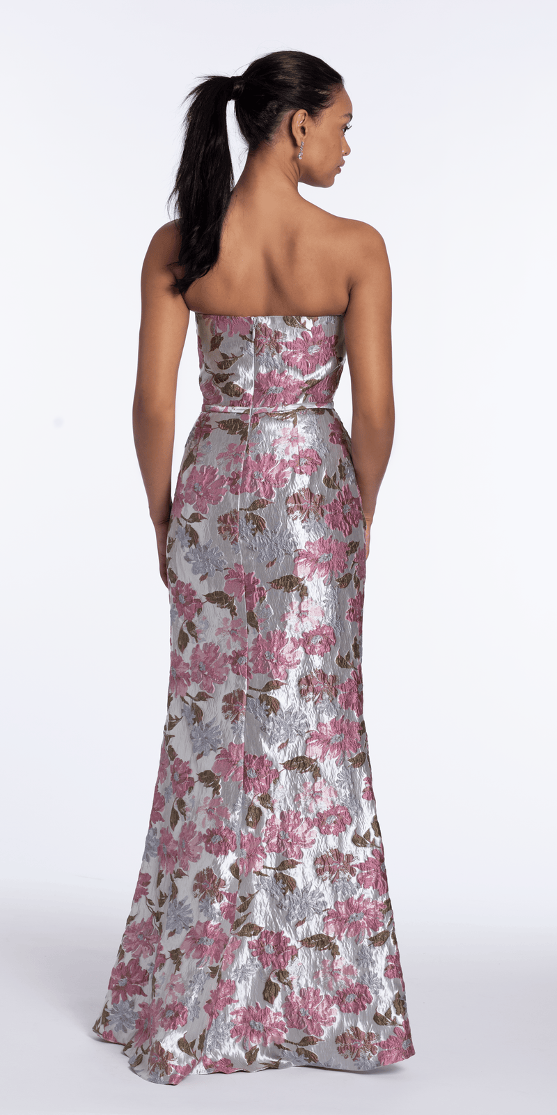 Angled Peplum Strapless Metallic Floral Jacquard Dress - Camille La Vie