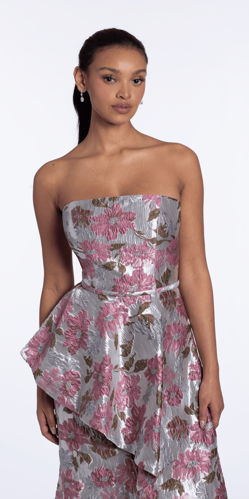 Angled Peplum Strapless Metallic Floral Jacquard Dress - Camille La Vie