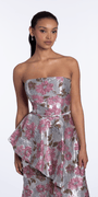 Angled Peplum Strapless Metallic Floral Jacquard Dress - Camille La Vie