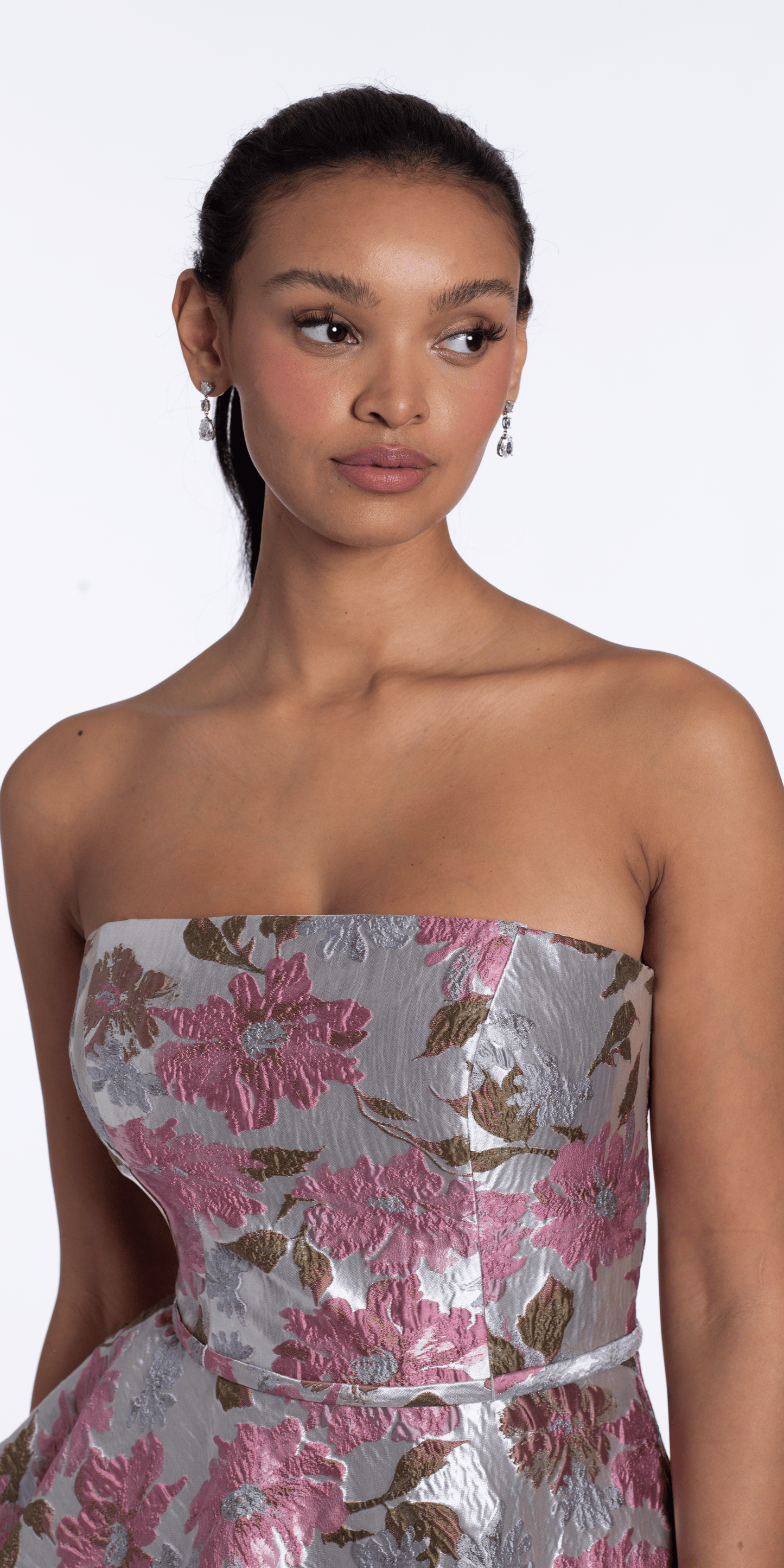 Angled Peplum Strapless Metallic Floral Jacquard Dress - Camille La Vie