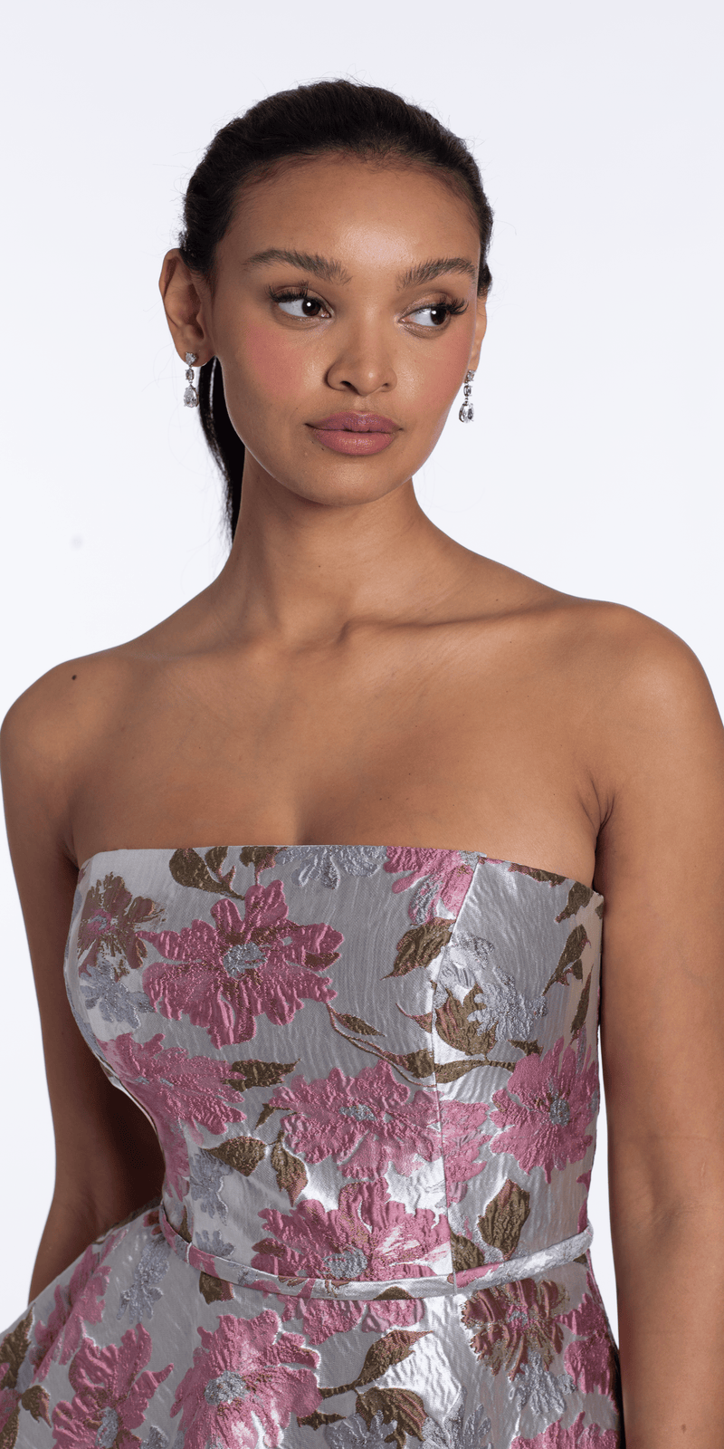 Angled Peplum Strapless Metallic Floral Jacquard Dress - Camille La Vie