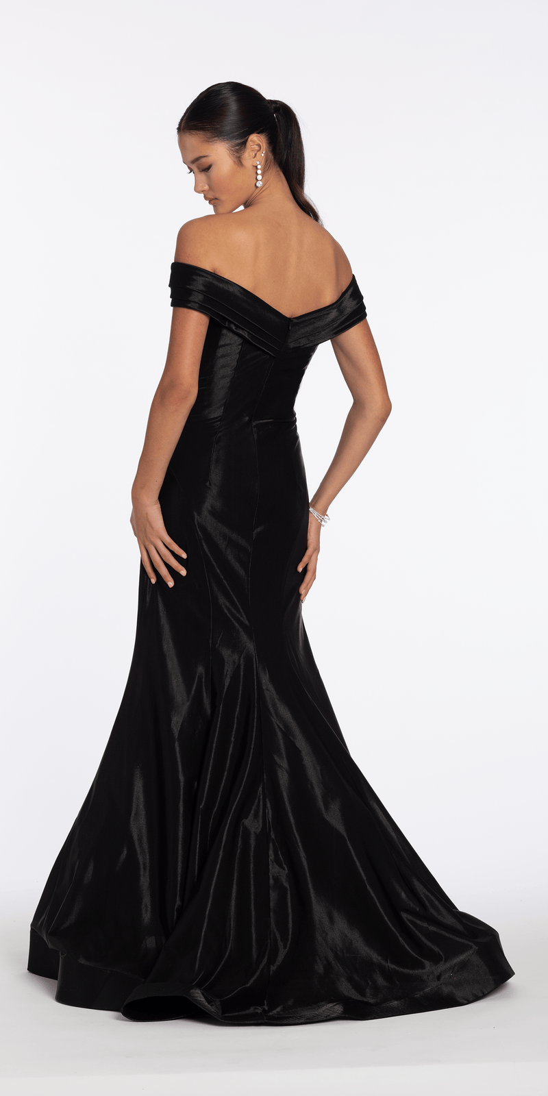 Pleated Off the Shoulder Sateen Trumpet Dress with Sweep Train - Camille La Vie