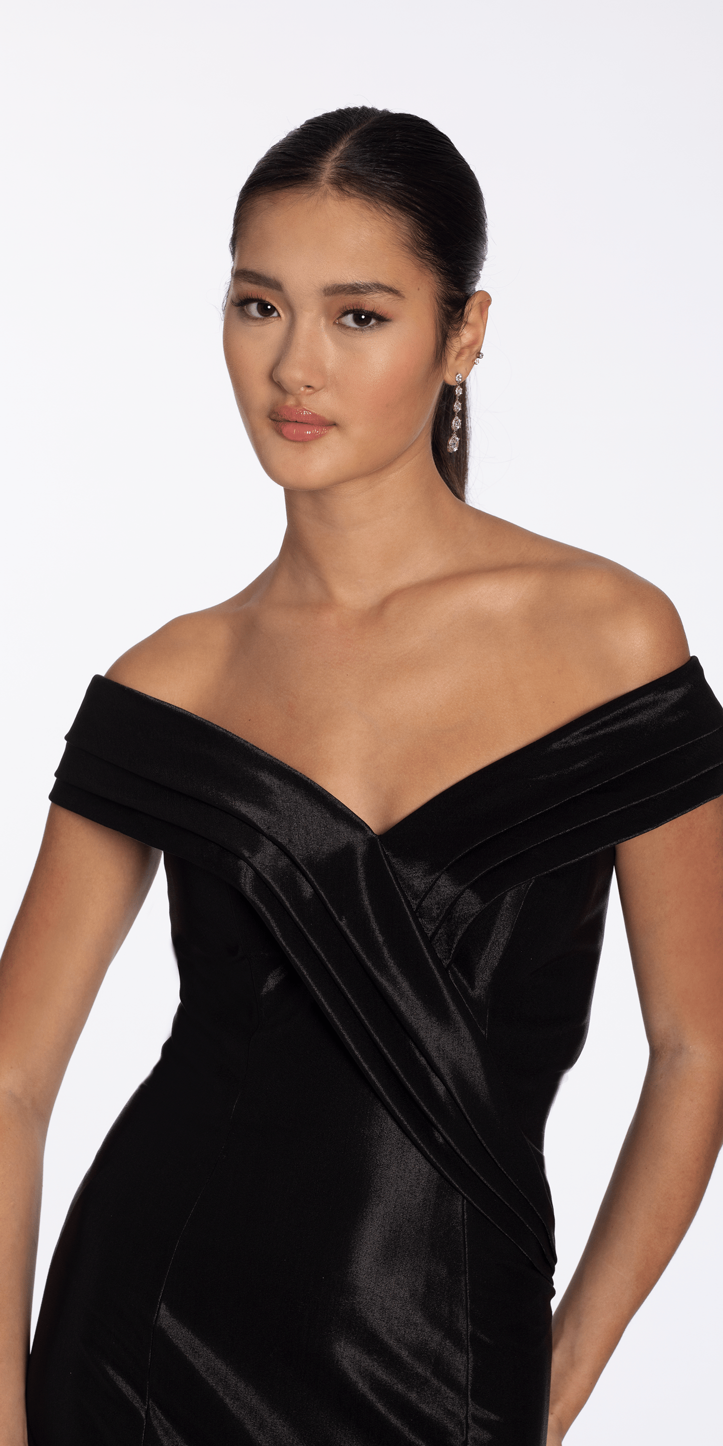 Pleated Off the Shoulder Sateen Trumpet Dress with Sweep Train - Camille La Vie