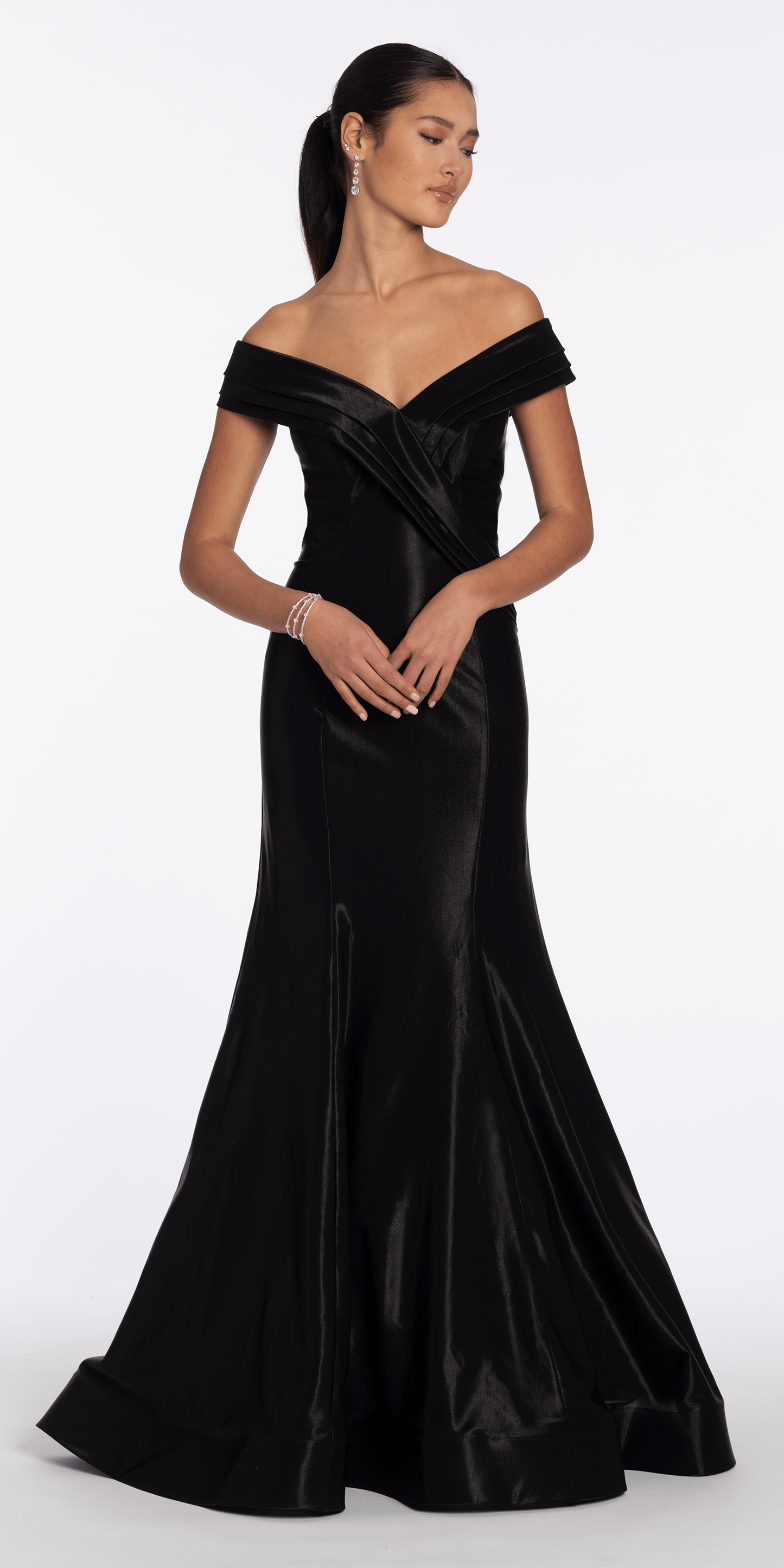 Pleated Off the Shoulder Sateen Trumpet Dress with Sweep Train - Camille La Vie