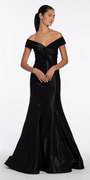 Pleated Off the Shoulder Sateen Trumpet Dress with Sweep Train - Camille La Vie