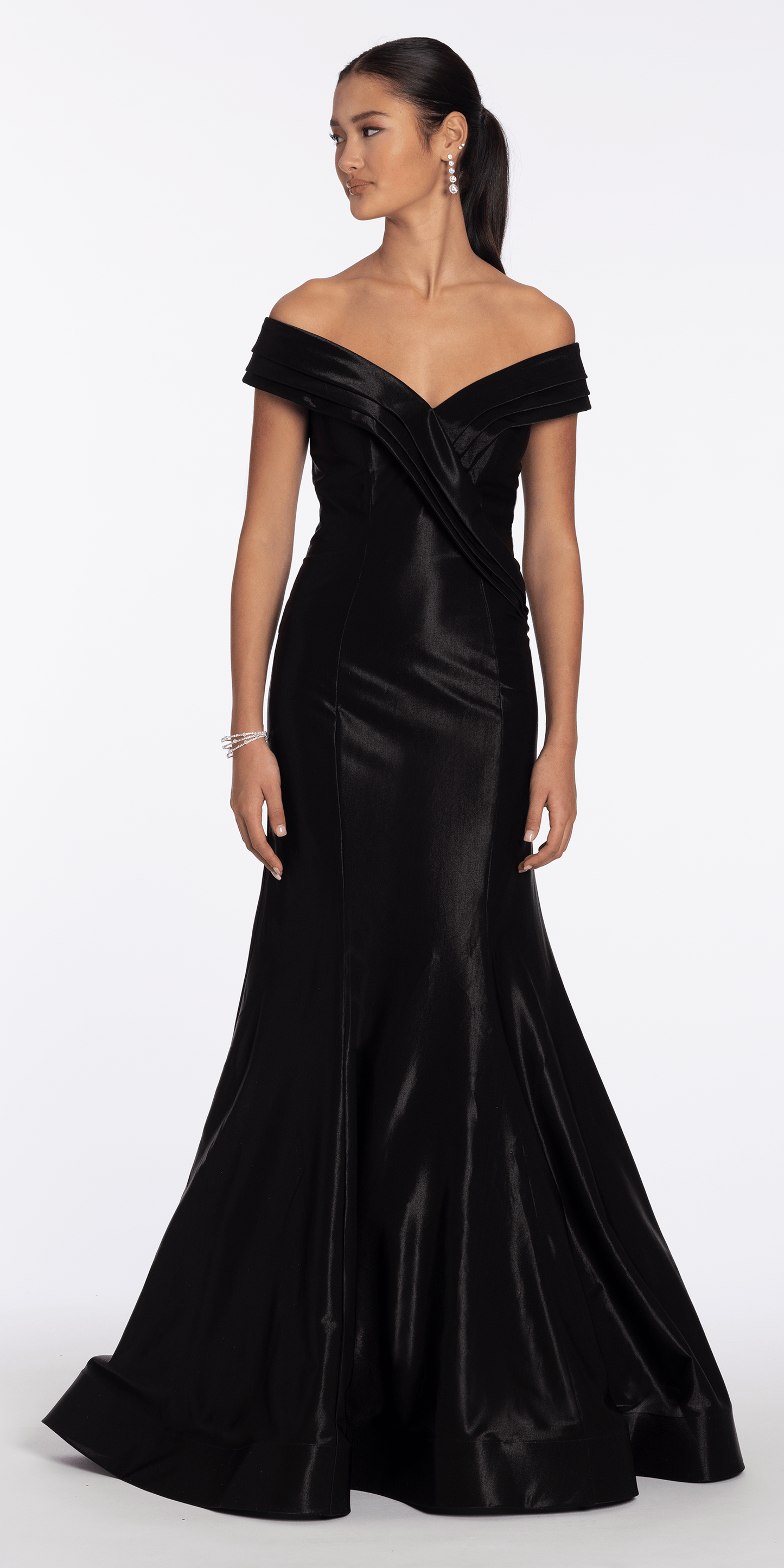 Pleated Off the Shoulder Sateen Trumpet Dress with Sweep Train - Camille La Vie
