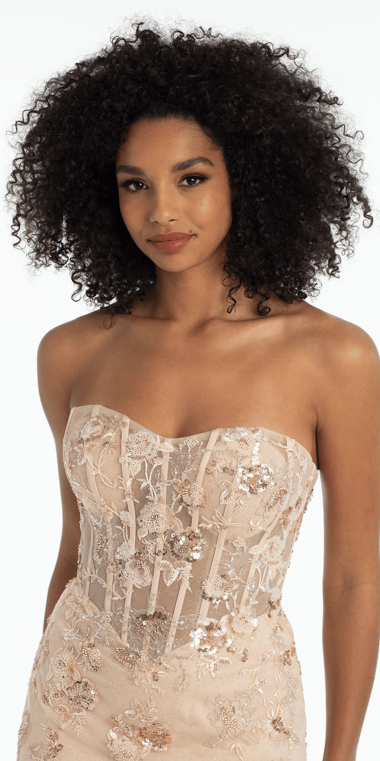 Glitter Corset Mesh Strappy Back Trumpet Dress with Beaded Floral Appliques - Camille La Vie