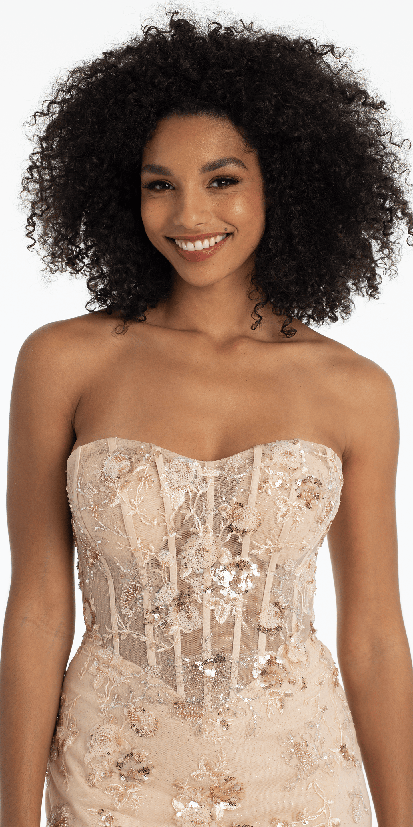 champagne/size/4/missy/Camille La Vie/Glitter Corset Mesh Strappy Back Trumpet Dress with Beaded Floral Appliques/close up alt