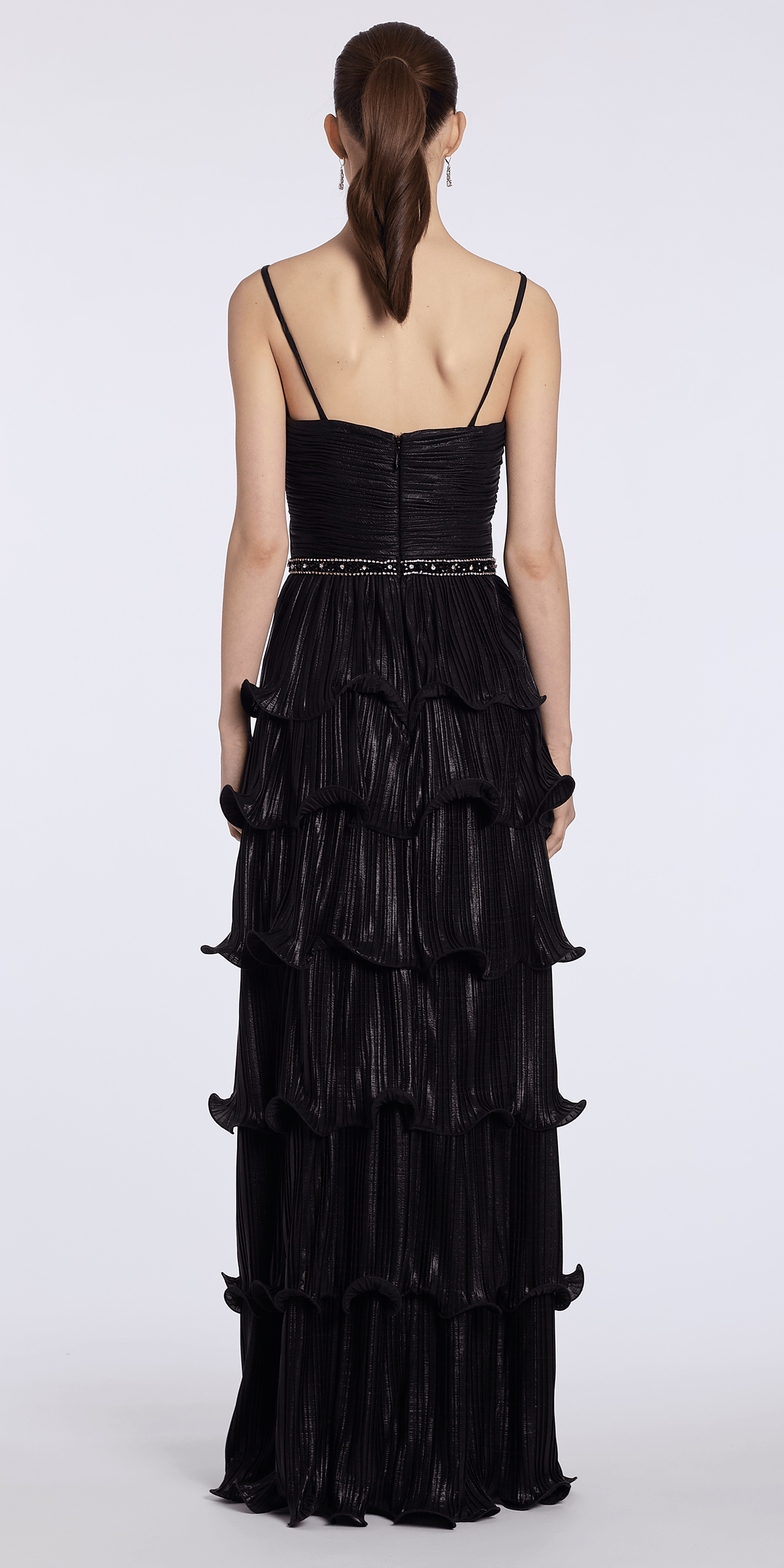 black/size/4/missy/Camille La Vie /Sweetheart Metallic Knit Pleated Tiered A Line Dress with Beaded Waist/back