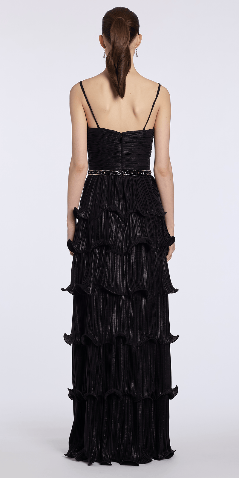 black/size/4/missy/Camille La Vie /Sweetheart Metallic Knit Pleated Tiered A Line Dress with Beaded Waist/back
