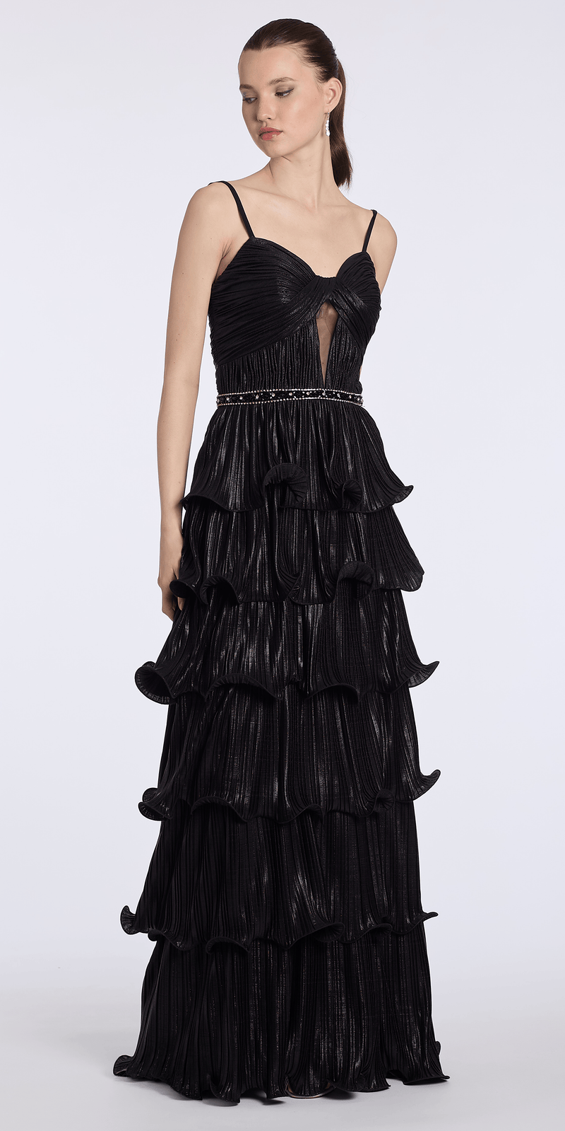 black/size/4/missy/Camille La Vie /Sweetheart Metallic Knit Pleated Tiered A Line Dress with Beaded Waist/front