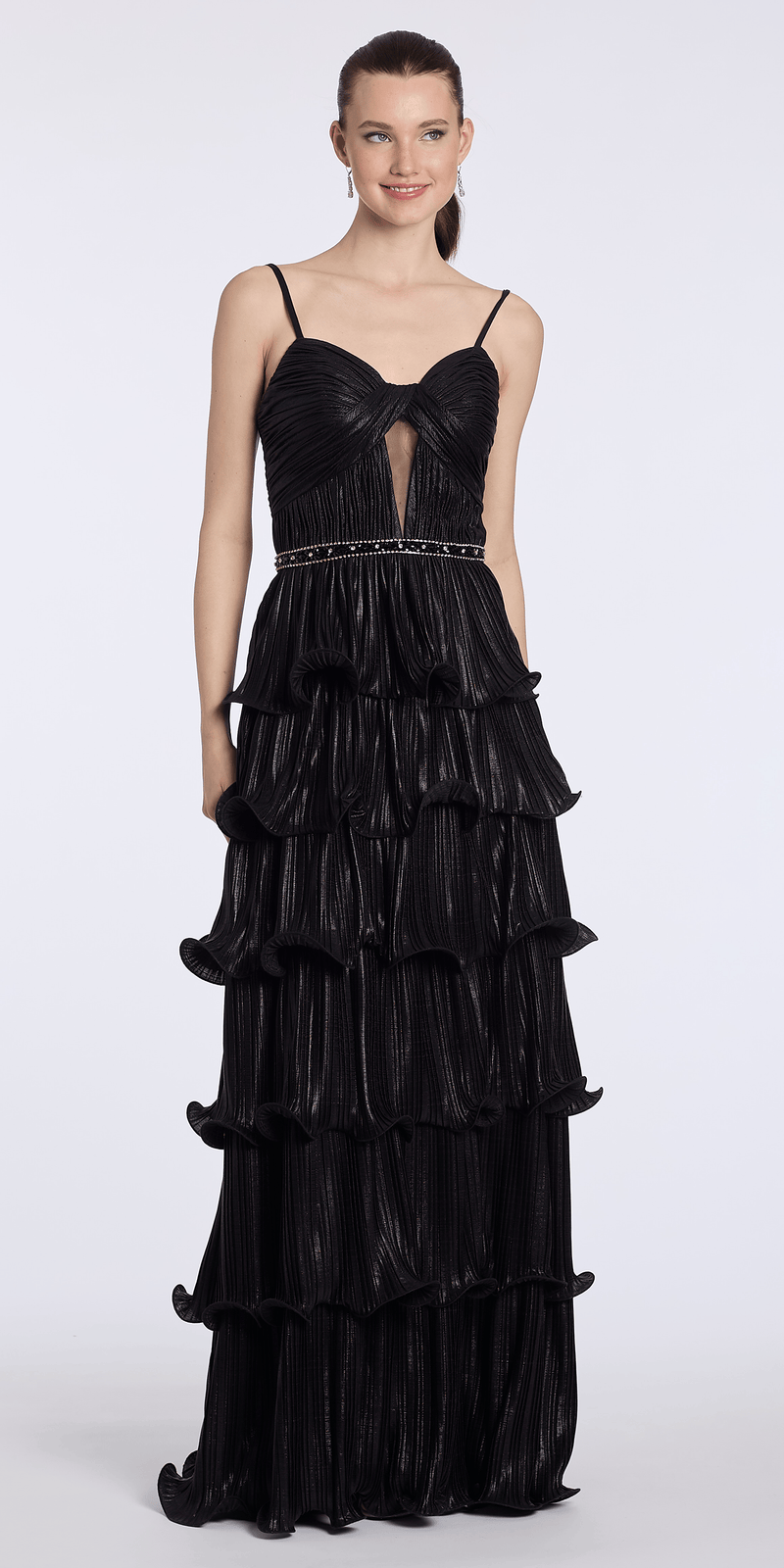 black/size/4/missy/Camille La Vie /Sweetheart Metallic Knit Pleated Tiered A Line Dress with Beaded Waist/front alt
