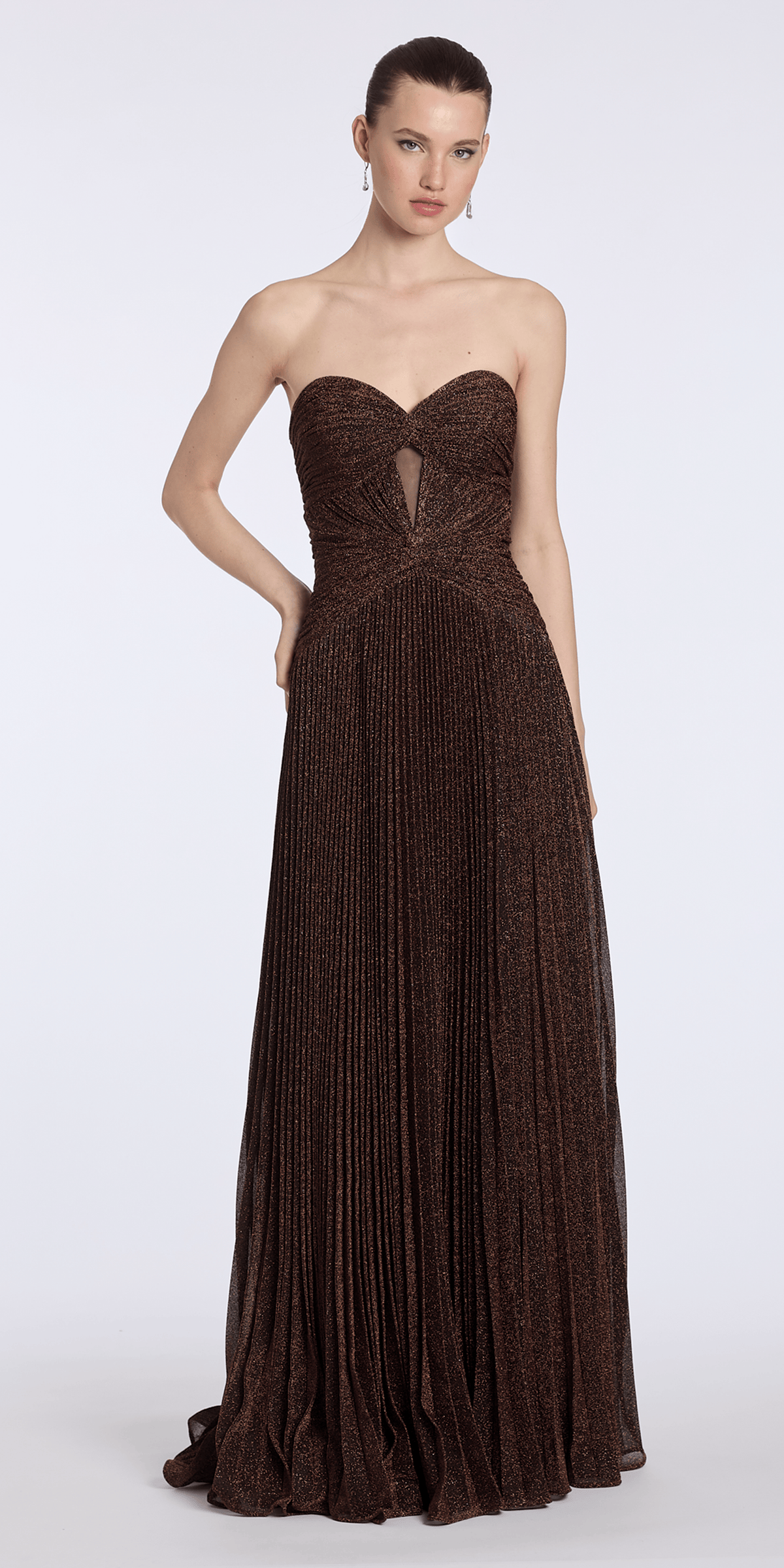 Camille La Vie Metallic Knit Strapless Pleated A-Line Dress with Side Slit