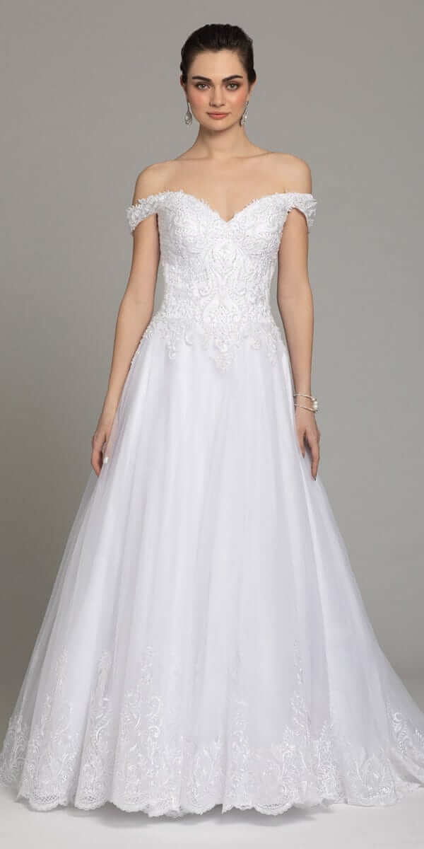 Off The Shoulder Lace Satin A-Line Gown - Camille La Vie
