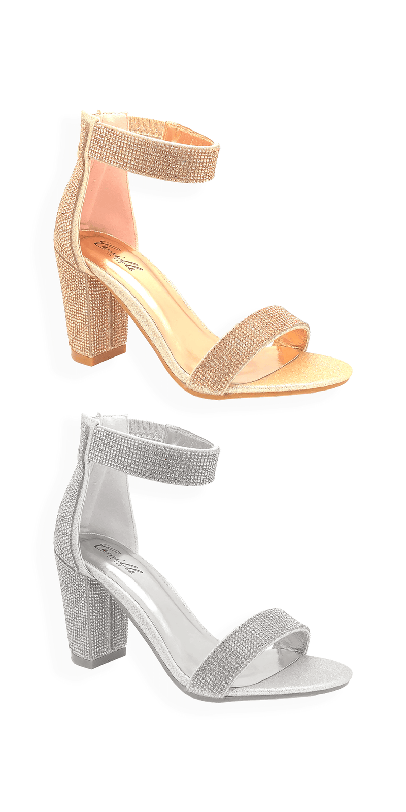  champagne silver/size/6/Camille La Vie/Caroi Rhinestone Mid Heel Zip Back Ankle Strap Sandal /side