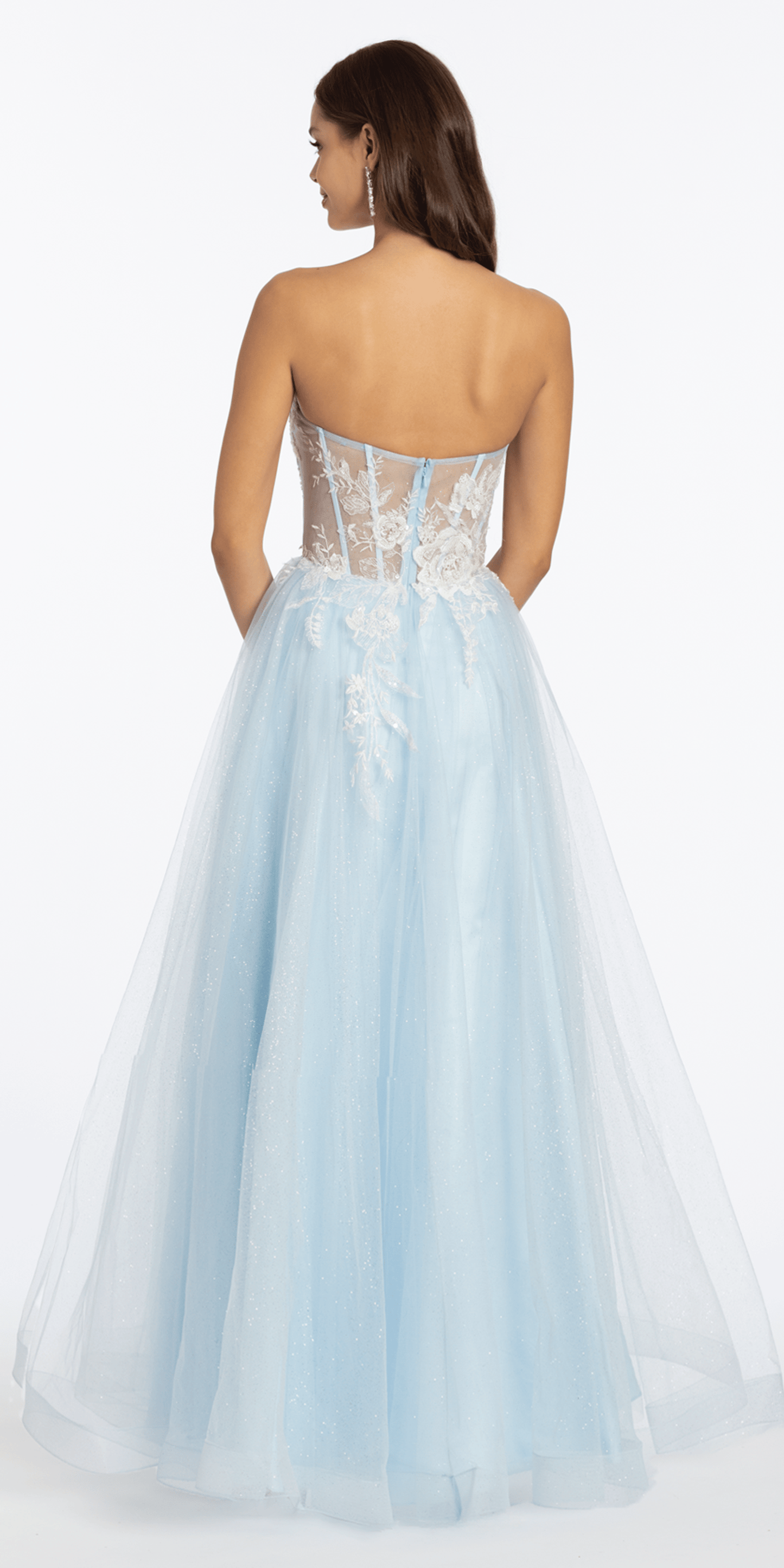 Strapless Floral Embellished Corset Glitter Tulle Ballgown - Camille La Vie