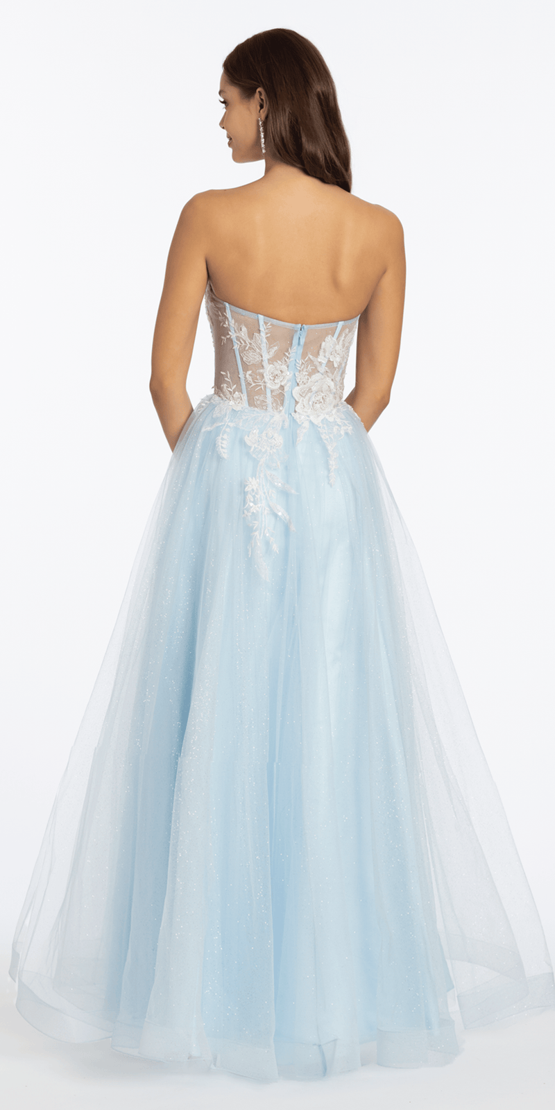 Strapless Floral Embellished Corset Glitter Tulle Ballgown - Camille La Vie