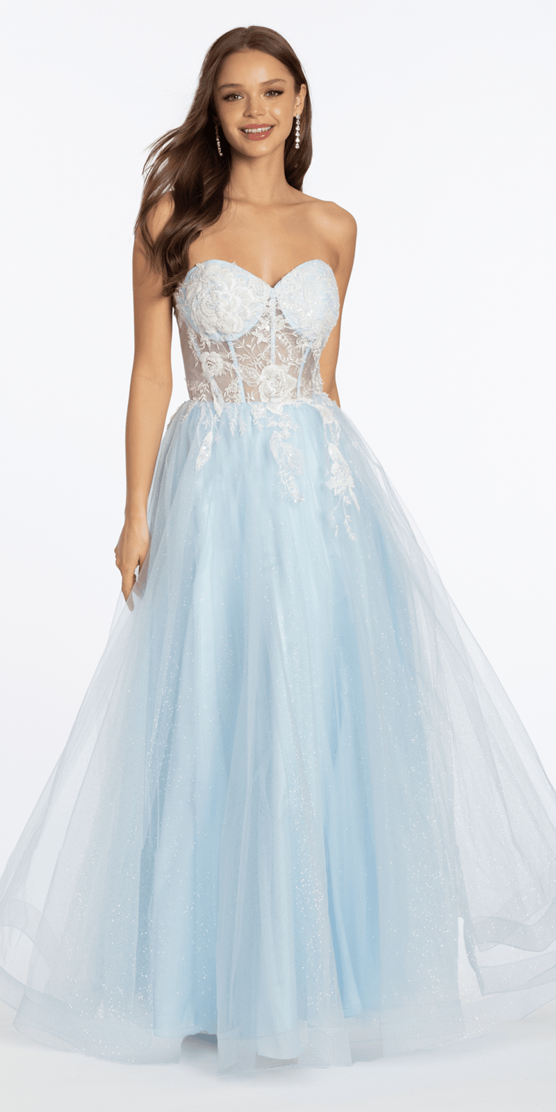 Strapless Floral Embellished Corset Glitter Tulle Ballgown - Camille La Vie